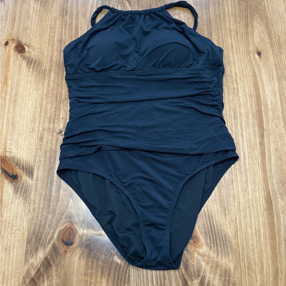 Jantzen one piece swimsuit size 16 black high neck high back adjustable straps